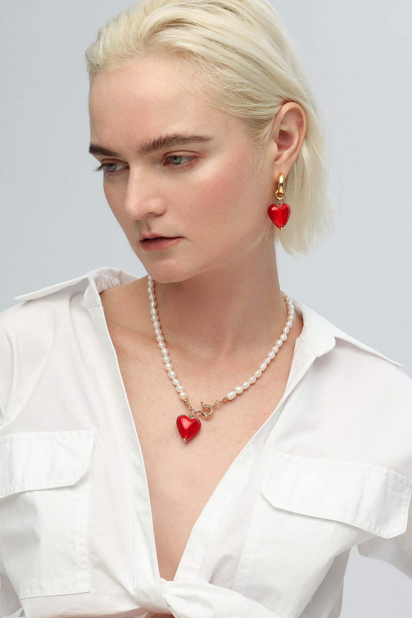 Esm¹Èe Red Glaze Heart Pendant Pearl Necklace